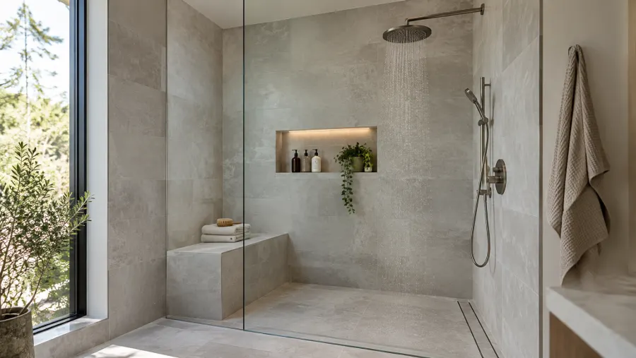 Walk-in shower with frameless glass, tiled niche and built-in bench