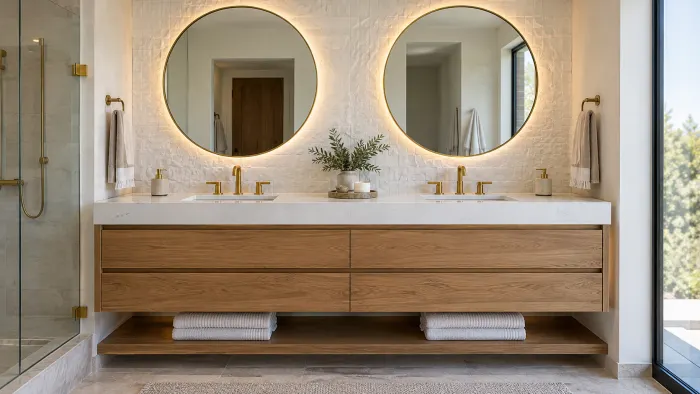 Floating oak double vanity with quartz top and backlit mirrors